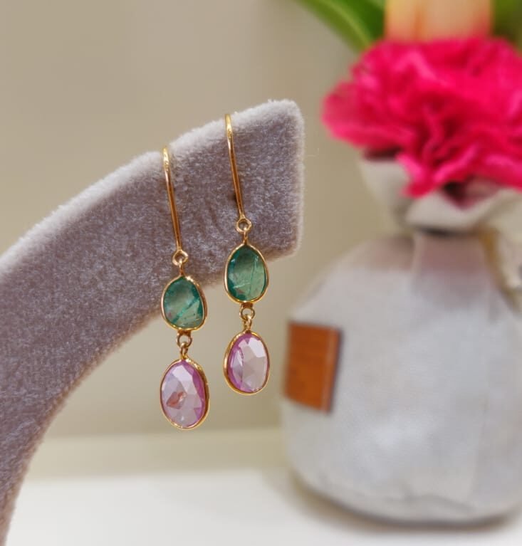 Emerald and Pink Sapphire Earring